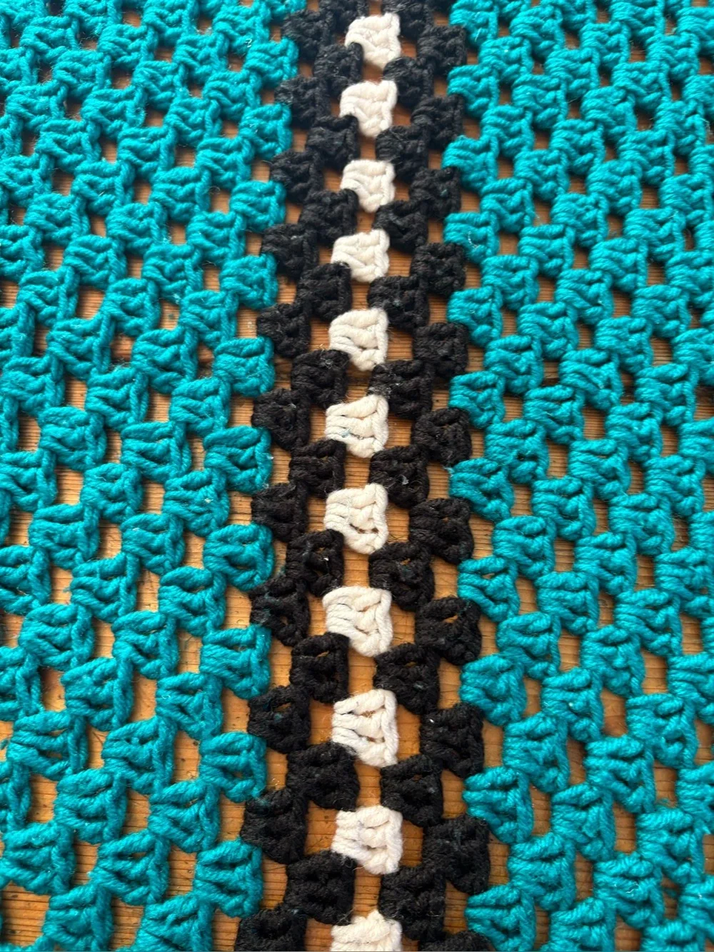 Handmade Teal Crochet Granny Square Blanket with White and Black Accent